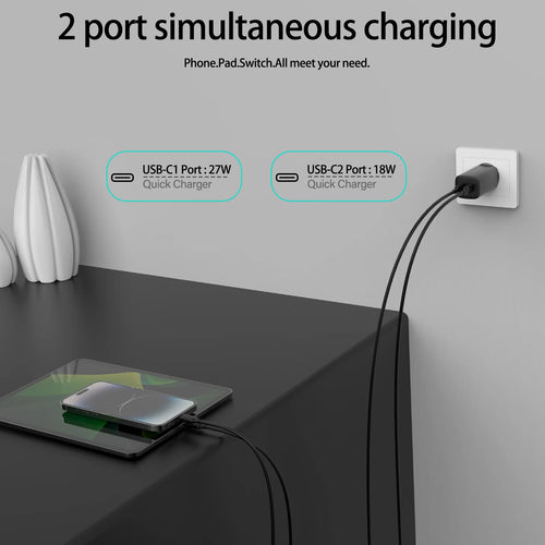 Fast Smart Charger 45W USB C Charger mit 2 Ports, für Apple & Android