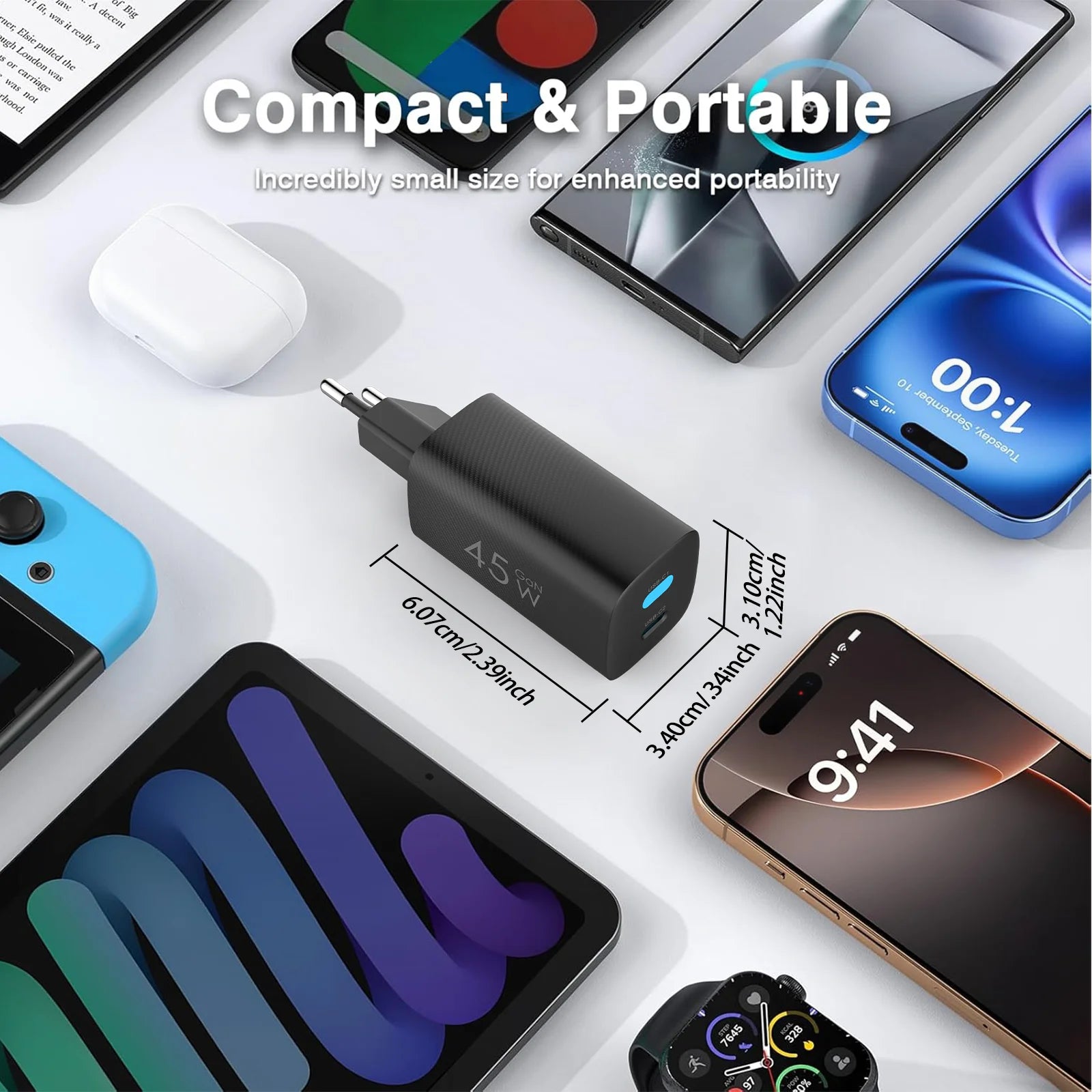 Fast Smart Charger 45W USB C Charger mit 2 Ports, für Apple & Android