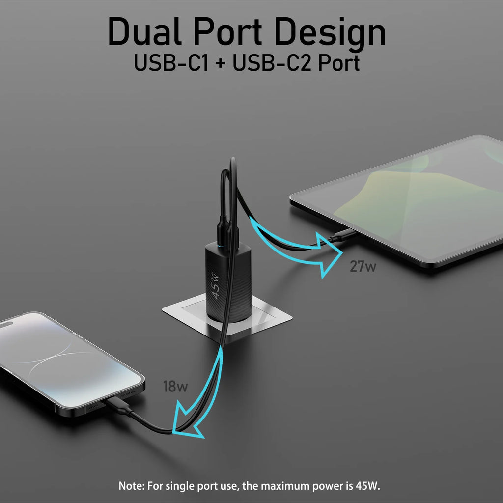 Fast Smart Charger 45W USB C Charger mit 2 Ports, für Apple & Android