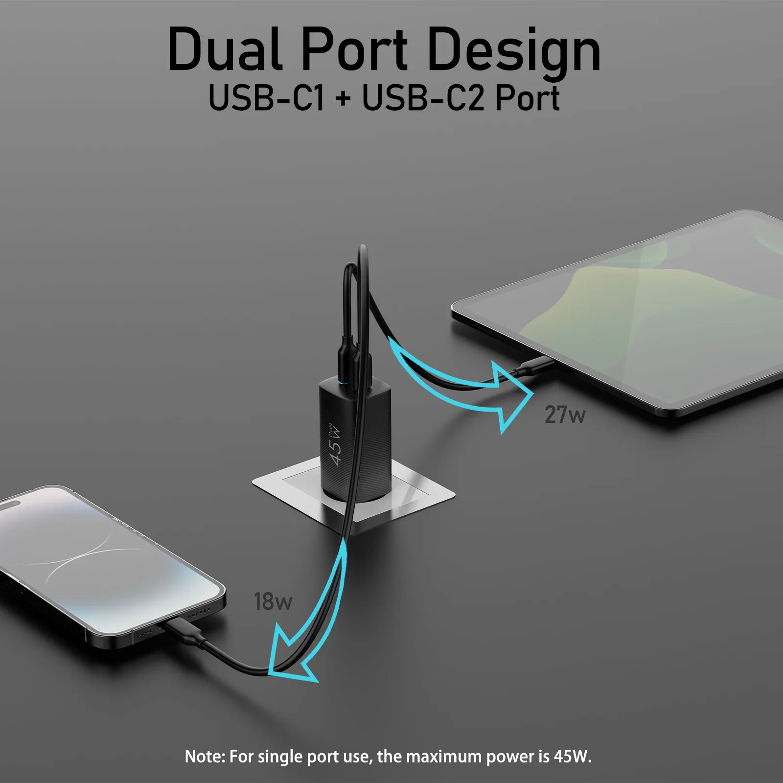 Fast Smart Charger 45W USB C Charger mit 2 Ports, für Apple & Android